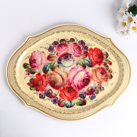 Zhostovsky tray "flowers", white, with copyright painting 47x37 cm