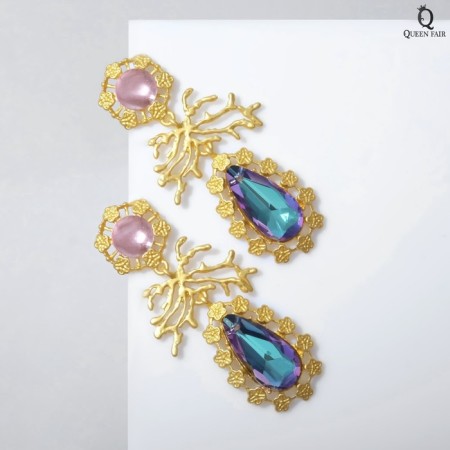 Hanging earrings with rhinestones "Flowering" Fabulous, colored in gold, 7 cm-1