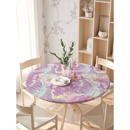 Tables on the table “Unicorns with butterflies”, round, oxford, elastic band, size 140x140 cm, diameter 105-120 cm-2