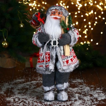 Santa Claus "In a white-red fur coat with a strap, with skis" 45 cm