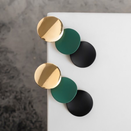 Azelia metal earrings curved circles, black-green color in gold-4