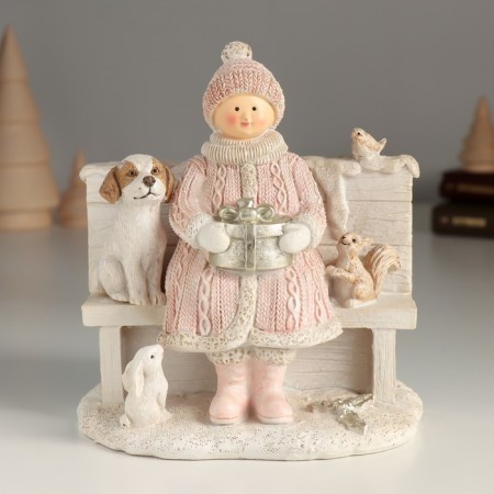 Polystone souvenir "Girl with a gift and dog on the bench" 13x8x14 cm