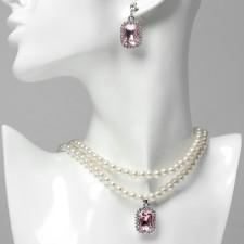Set 2 objects: earrings, Katrin's necklace pink insert, white color in silver, 45 cm