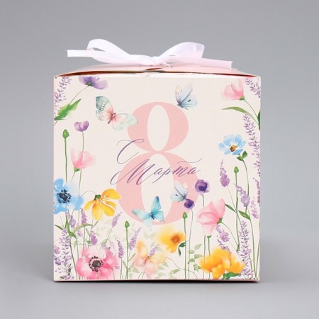 Gift folding box, packaging, “from March 8, delicate flowers”, 12 x 12 x 12 cm-3