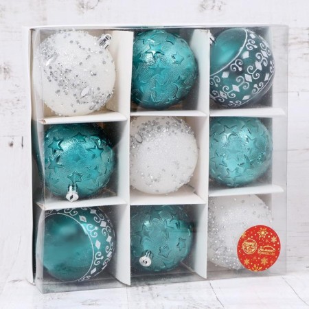 Set of balls Plastic D-8 cm, 9 pcs "Jane Patterns of the Stars" Emerald-White-1