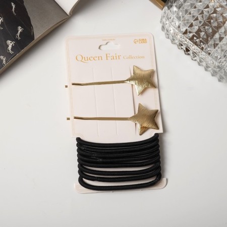 Hair set "Liora" (8 elastic bands, 2 invisibility 6 cm) stars, black and gold