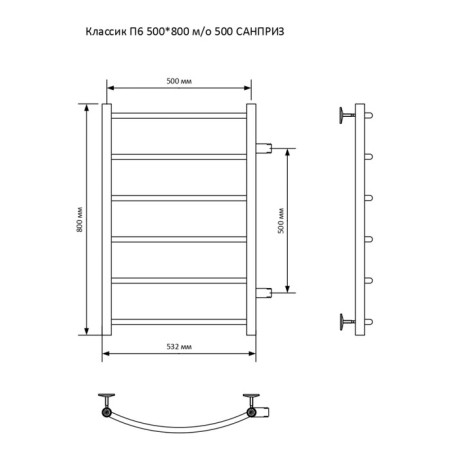 Water towel "Sanprise" Classic P6, 500x800 mm, side connector, black matte-9