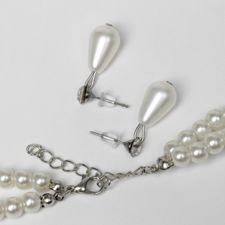 Set 2 objects: earrings, necklace "ladies" 2 threads, drop, white color in silver, 45 cm-1
