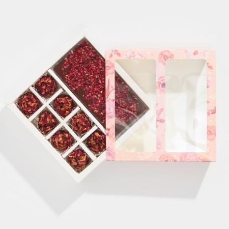 Box for 8 sweets and chocolate with cells, confectionery packaging, “pink flowers” ​​18 x 18 x 4 cm-4