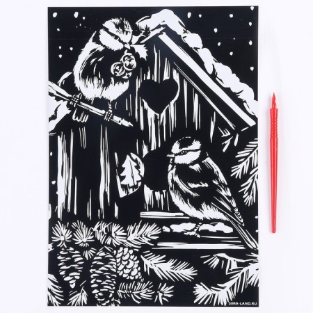 New Year's engraving "New Year! Birds in the birdhouse ", with a gold effect, A4-2