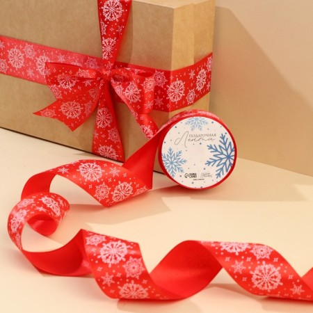 Satin tape "Snowflakes", red, 4 cm x 5 meters-1