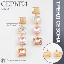 Earrings with “Bloom” rhinestones, light, colored squares in gold