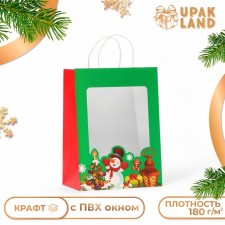 Пакет подарочный с окном "Снеговик" 30 х 22 х 14 см, зеленый
