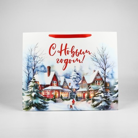 Package Gift New Year Laminated "Winter Village", XL 49 x 40 x 19 cm, New Year-2