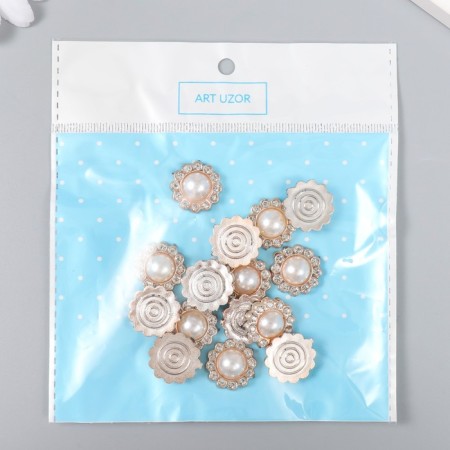 Decor for creativity plastic, rhinestones "Round flower with pearl" set of 15 pcs 1.9x1.9 cm-2