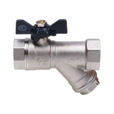 Кран шаровой AQUALINK, PN 30, внутренняя резьба 3/4", косой фильтр, бабочка, никелированный