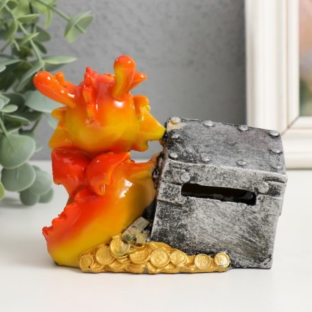 Piggy bank Polystone "Fiery Dragon with a gift/chest" MIX 10.5x6x10 cm-3
