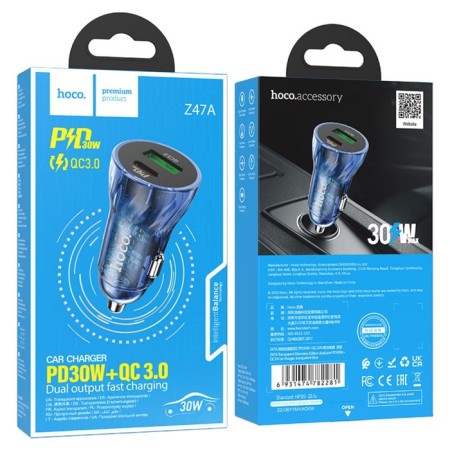 Hoco Z47A car charger, transparent, Type-C, USB, 30 W, PD+Qc, blue-4