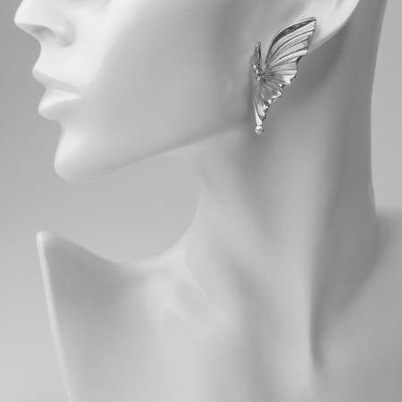 Earrings with rhinestones "bows" wings, white color in silver-3