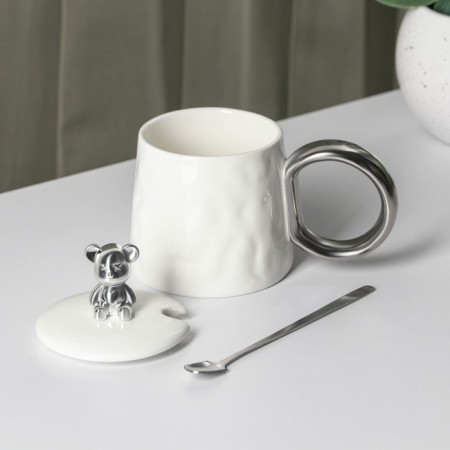 Ceramic mug with a spoon "Stylish Bear", 320 ml, white color-2
