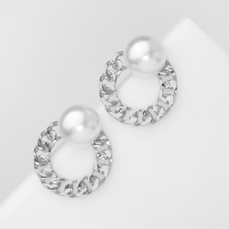 Earrings with pearls "abstraction" chain, color silver-1