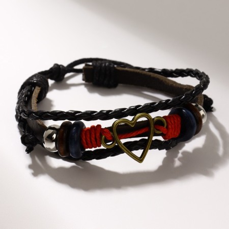 Bracelet Leather "Style" Heart, Black-red color, D = 7 cm-1