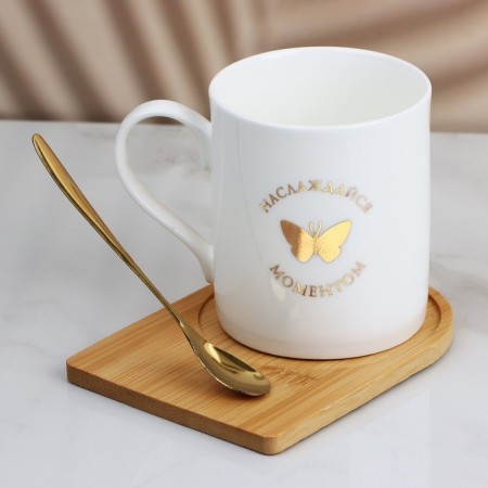 Ceramic mug on a wooden stand “Enjoy the moment”, 330 ml, with a spoon, white color-1