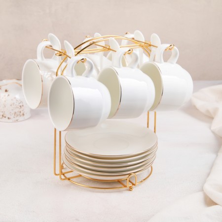Tea ceramic service on a metal stand "Blanche", 19 items: 6 cups 170 ml, 6 saucers 13.5 cm, 6 tablespoons, white color