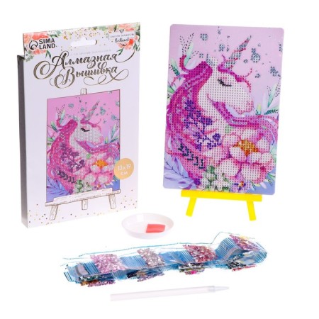 Diamond mosaic with partial filling on the stand "Unicorn", 13 x 19 cm, cardboard-1