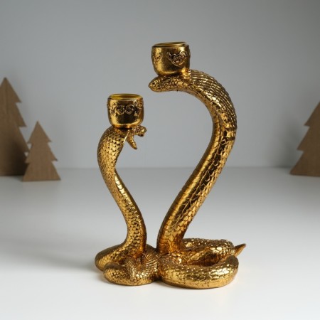Polystone candlestick for 2 candles "two royal cobra" gold 14.5x10.5x21.2 cm-3