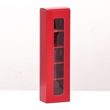 Box for 5 sweets with a shell, with a window, with thin dividers, red 20*5.5*3.5