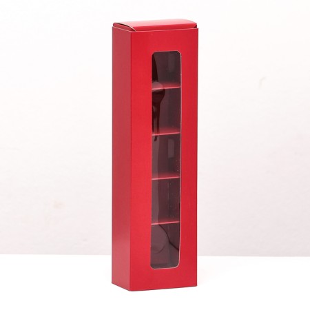 Box for 5 sweets with a shell, with a window, with thin dividers, red 20*5.5*3.5