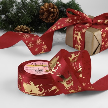 Satin tape with embossing "deer in the harness", 40 mm, 23 ± 1 m, red color/gold No. 33