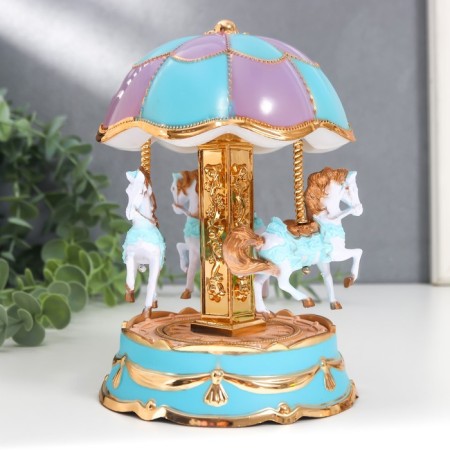 Souvenir Musical Mechanical Light "Carousel - Horses" Blue 12.3x12.3x18 cm-2