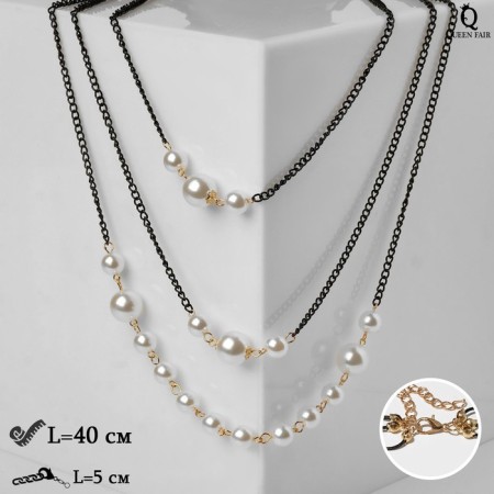Beads "Elegance of pearls" 3 threads, golden white color in ferrous metal, 90cm