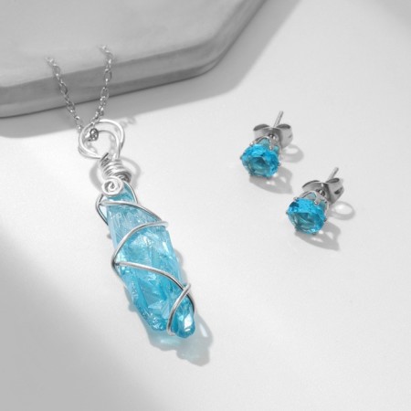 Set 2 objects: earrings, pendant pendant, blue color in silver-3