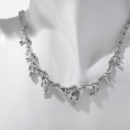 Necklace "melting" with rhinestones, white color in silver, 47 cm-1