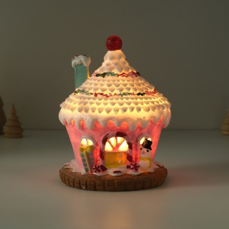 Souvenir Polystone Light "Gingerbread House Pink in the Glazes with a snowman" 11.5x11.5x15 cm-1