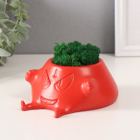 Concrete Kashpo "Evil Laughter" with moss 6.5*12.5cm red (moss green stabilized)-3