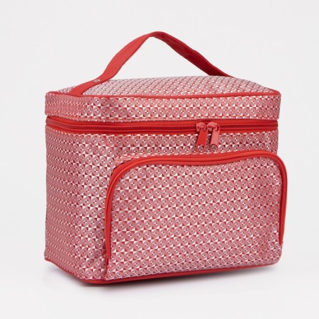 A cosmetic bag with a zipper, with a mirror, the color is red
