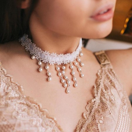 Choker "Alexandria" lace, beads, white color, l = 30 cm-4