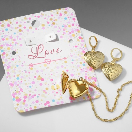 Set 2 objects: earrings, pendant "Heart" love, color gold, 41 cm-1
