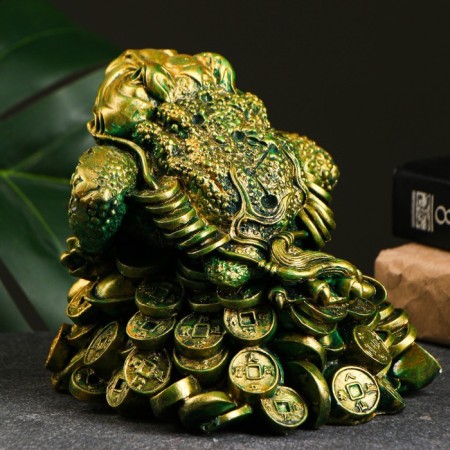 Piggy bank "Toad on money" Green with gilding, 15x15x15cm-2