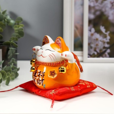 Souvenir Ceramics Pigger "Orange cat manki-nako with bells" 11.5x11.5x9.5 cm-2