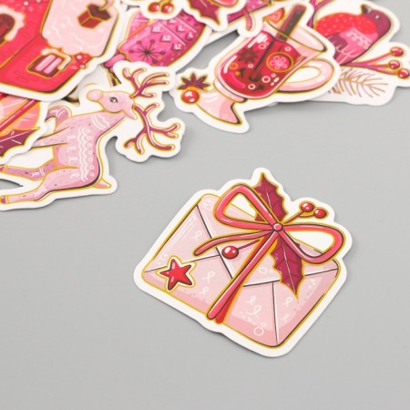 Stickers for creativity "New Year in pink shades" embossing gold set 48 pcs 9x7x0.8 cm 10177-3