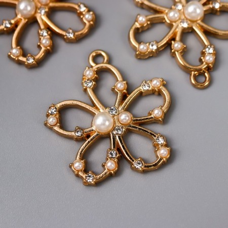 Decor for creativity Metal "Flower with pearls" gold, rhinestones 2.6x2.4 cm