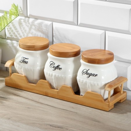 A set of ceramic cans for bulk products on an esthete wooden stand, 3 items: 650 ml, white color