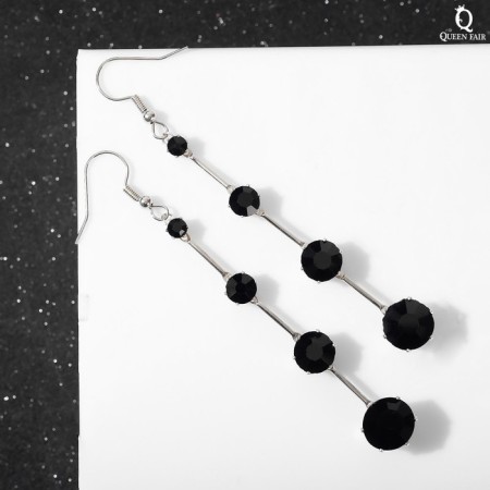 Hanging earrings with rhinestones "Drop" path, black color in silver, 6.2 cm-1