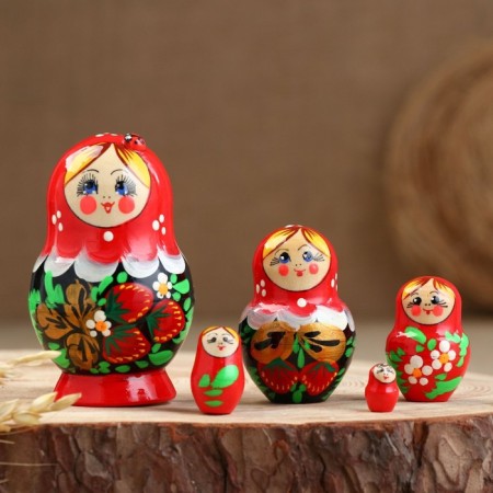 Matryoshka "God's cow", red scarf, 5 puppet, 9-11 cm-14