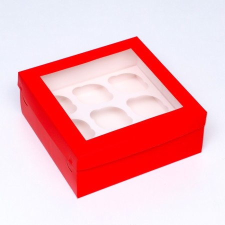 Packaging for 9 cupcakes with a window, red, 25 x 25 x 10 cm-1